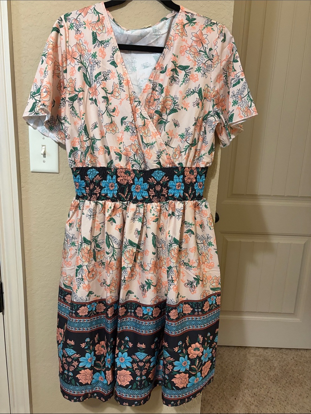 Peach Floral Midi Dress with Teal Accents